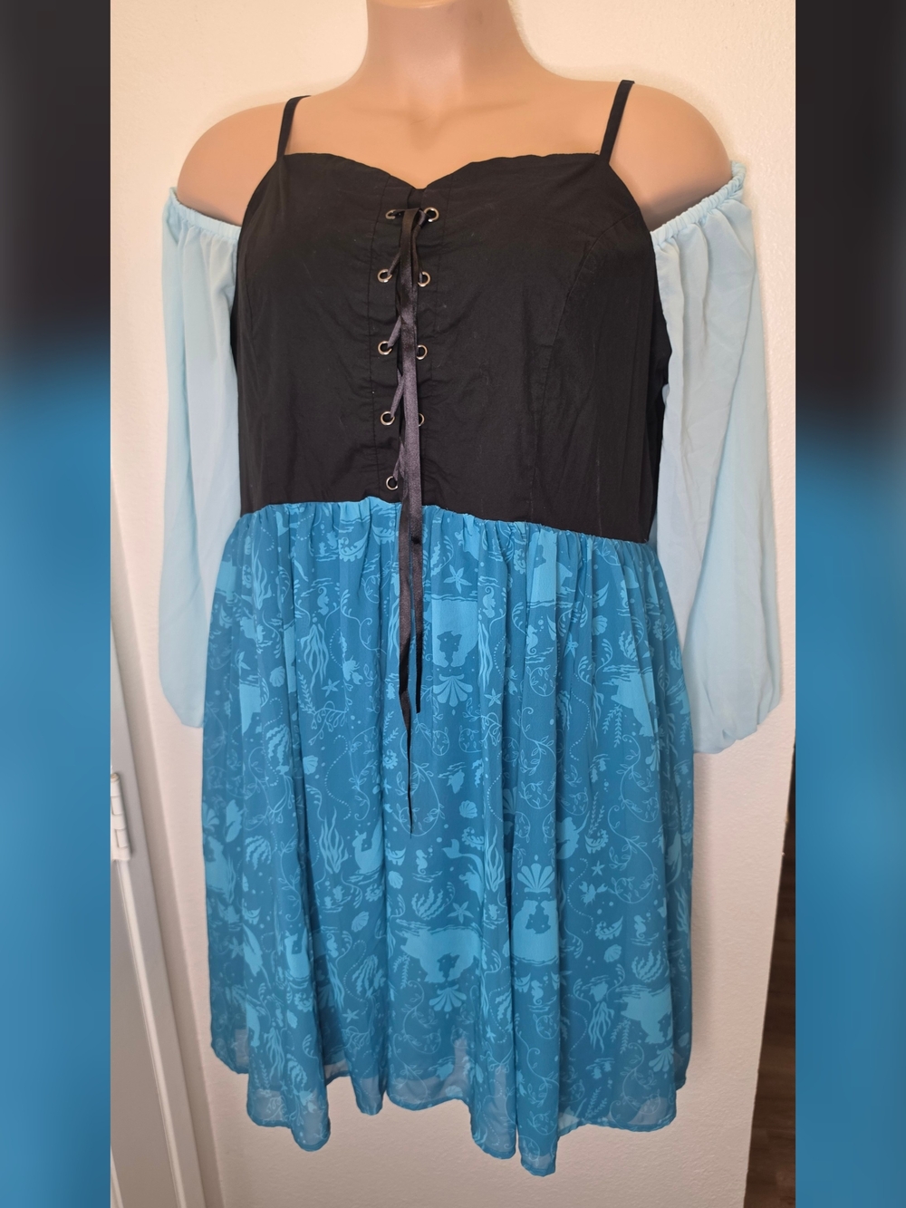 Disney Ariel Little Mermaid Costume Black Bodice with Turquoise Blue Print - Picture 2 of 11
